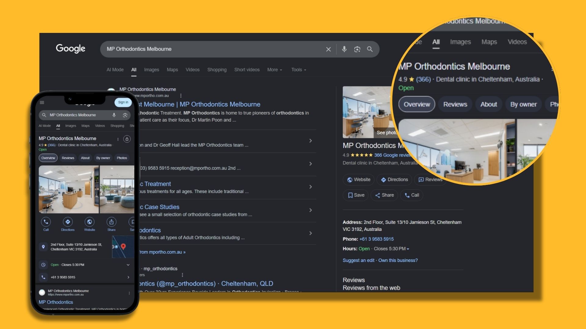 Google listing and mobile view of MP Orthodontics showing reviews, photos, and business info for visibility – Smart Reviews