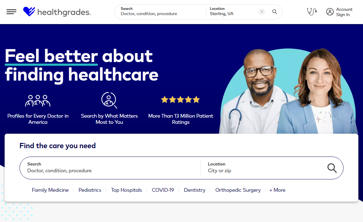 Healthgrades website homepage for finding doctors and patient ratings - Smart Reviews