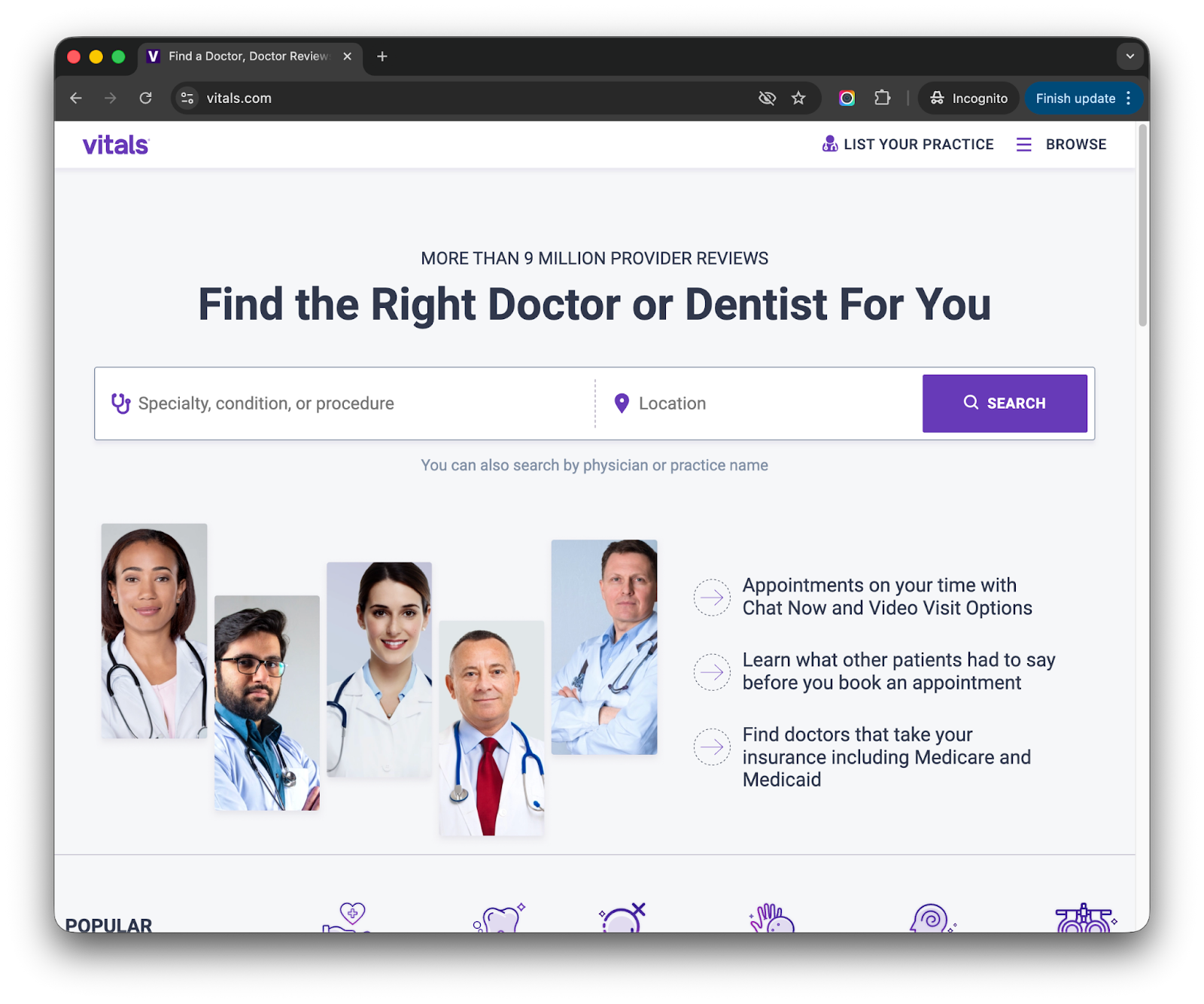 Vitals homepage for finding doctors and dentists with patient reviews - Smart Reviews